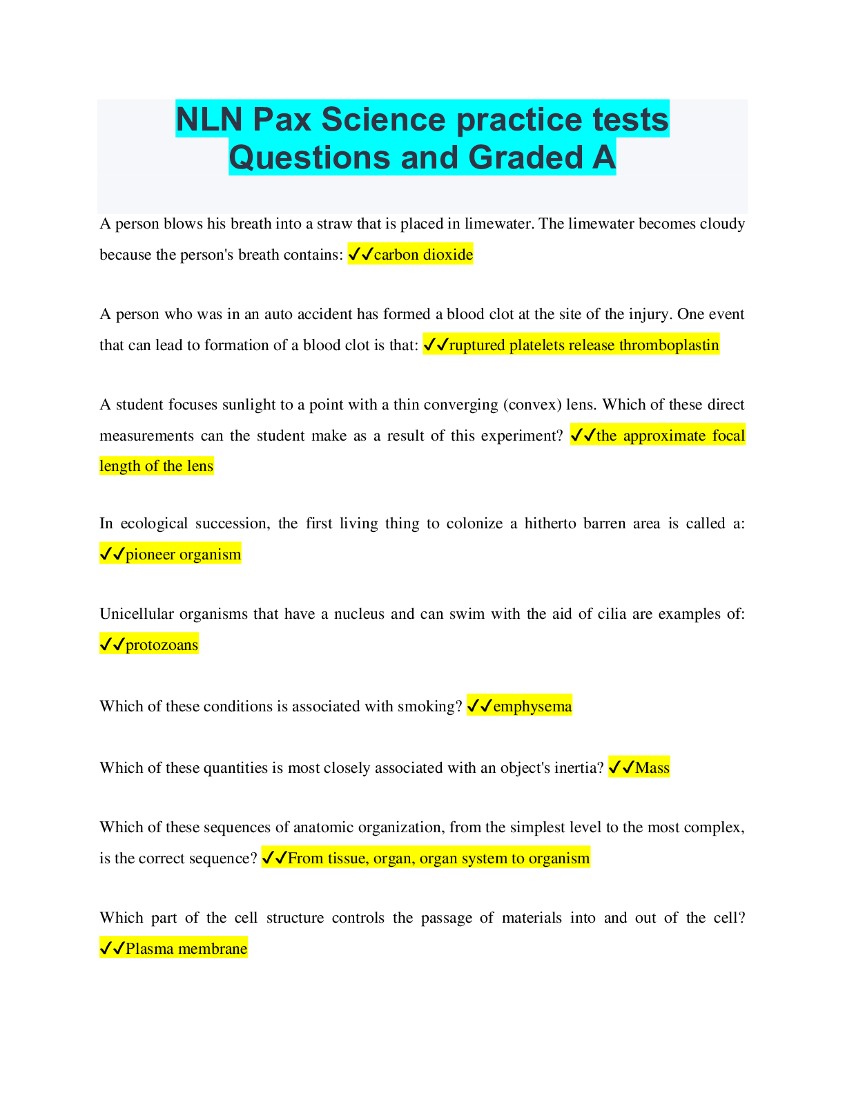 Preview image for NLN Pax Science practice tests Questions and Graded A